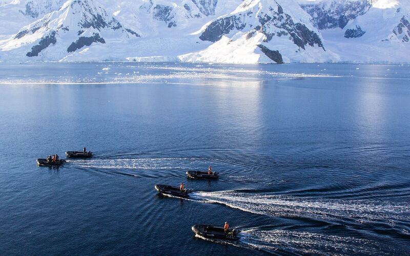 Vijf zodiacs varen over spiegelglad water in Neko Harbour met besneeuwde bergen en gletsjers op de achtergrond