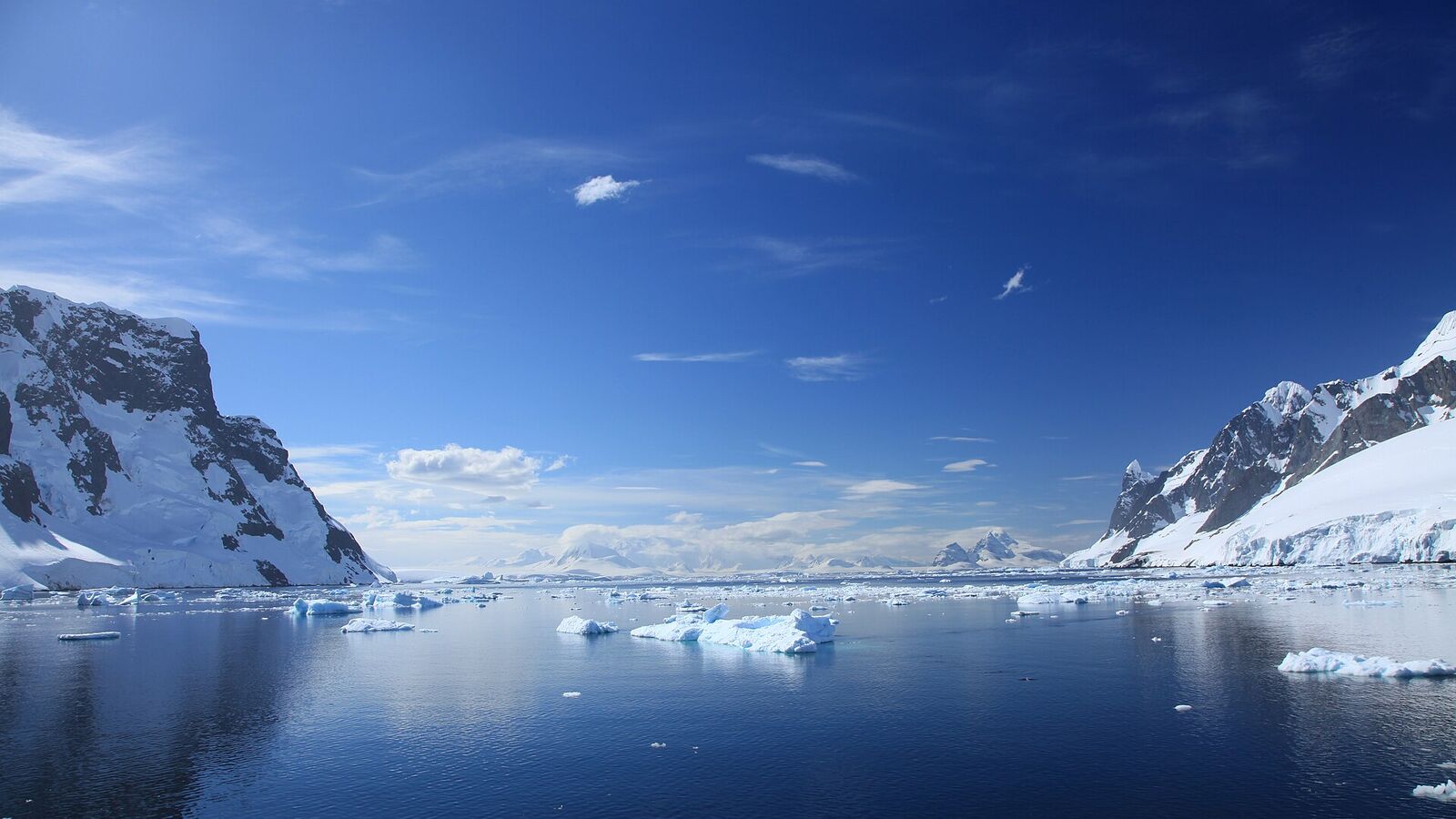 Kalme zee met drijfijs tussen besneeuwde bergwanden in het Lemaire Channel op het Antarctisch Schiereiland