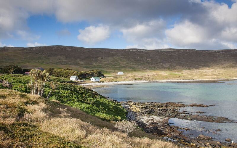 Groene baai met wit strand en de witte gebouwen van de settlement op Carcass Island