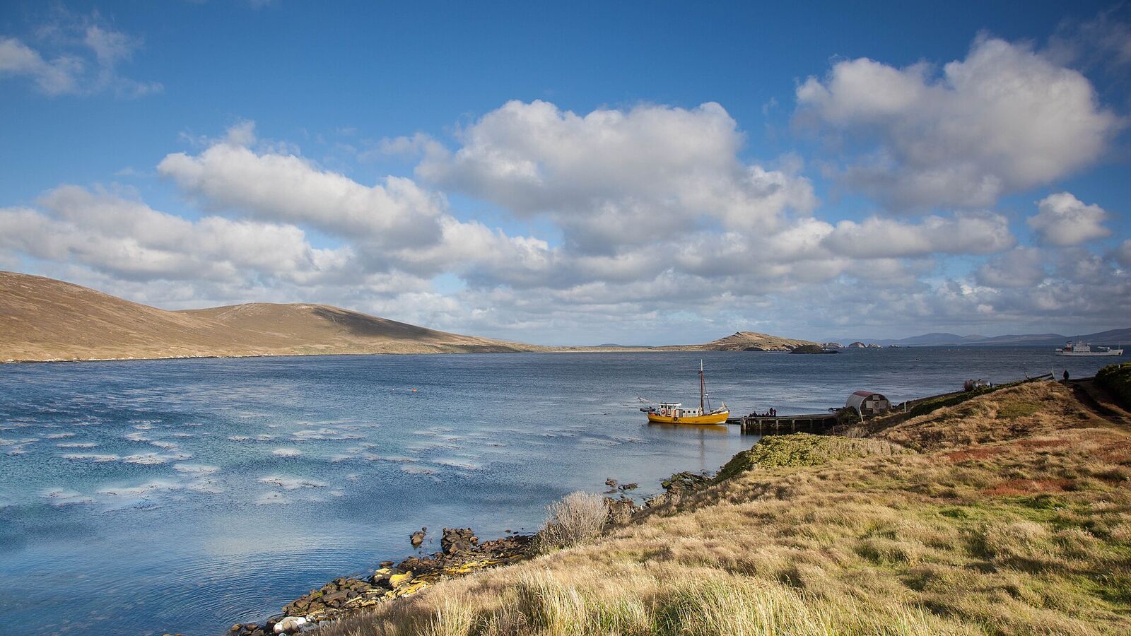 Winderige baai bij Carcass Island met wit schuimende golven, geel grasland op de oever en een kleine boot aan de steiger