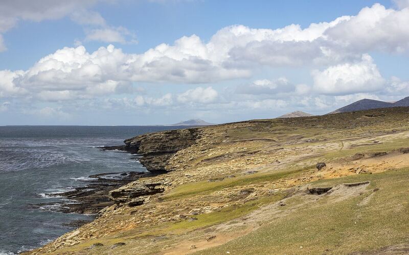 Groene kustlijn met lage kliffen en de oceaan op Saunders Island bij West-Falkland